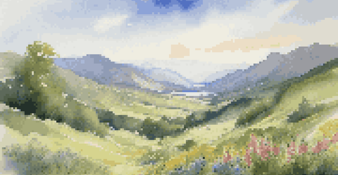 A peaceful green valley with a river, wildflowers in the foreground, and mountains in the background under a bright blue sky.