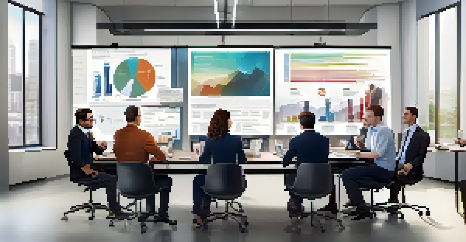 A group of diverse business people discussing around a conference table with charts and laptops.