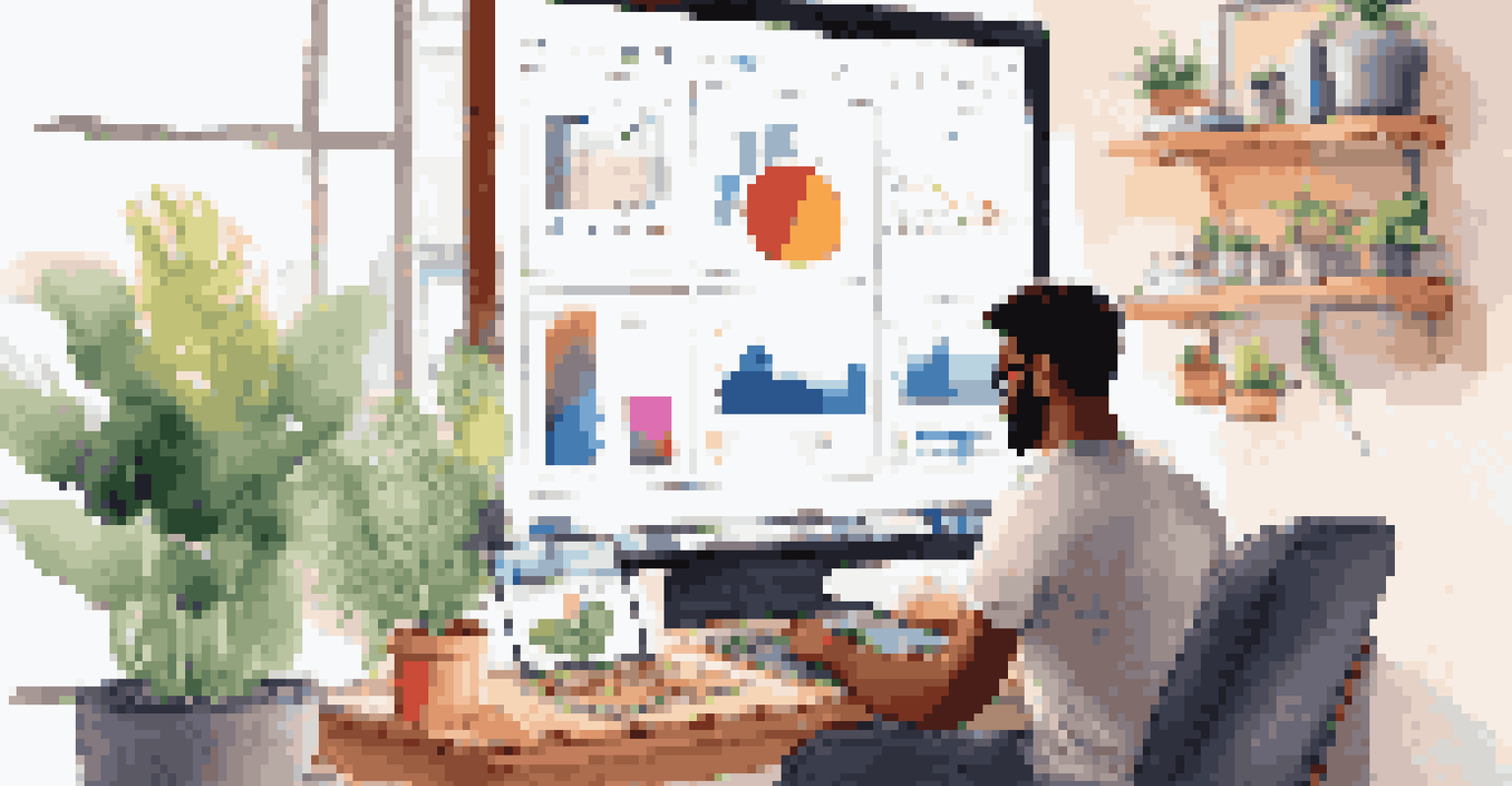 A modern digital workspace with a person working on a laptop, surrounded by plants and motivational quotes, illustrating technology for passive income.
