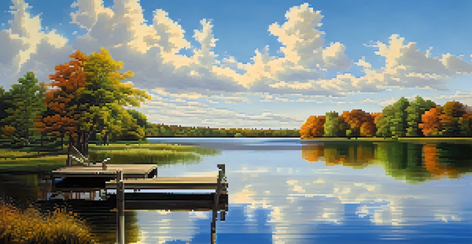 A peaceful lake scene with green trees and a wooden dock under a blue sky.