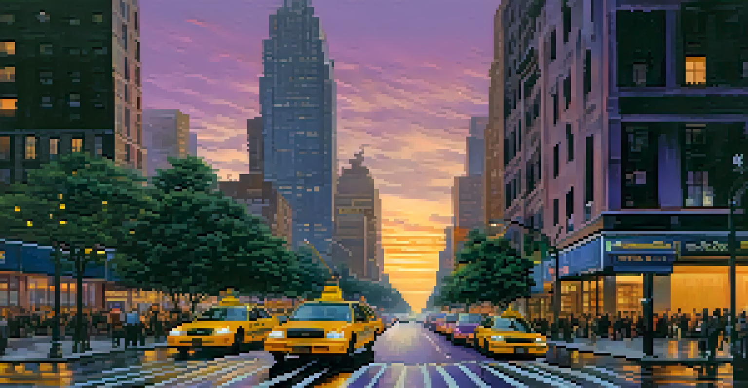 A busy city street at sunset with skyscrapers and people walking, illuminated by streetlights.