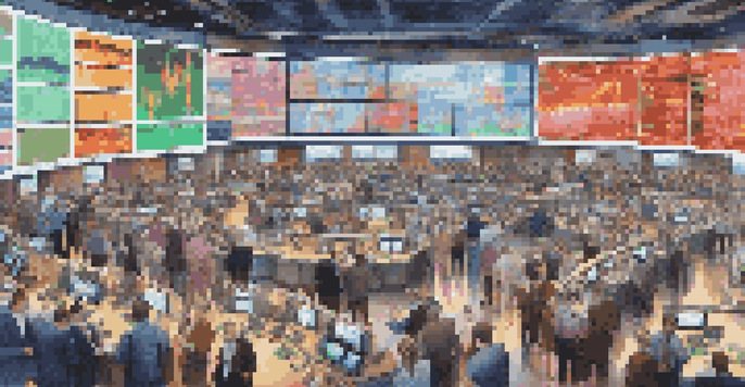 A vibrant stock market trading floor with traders and digital stock tickers.