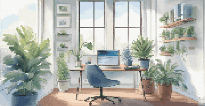 A bright and modern office workspace featuring a desk with a laptop and notepad filled with graphs related to customer retention metrics.