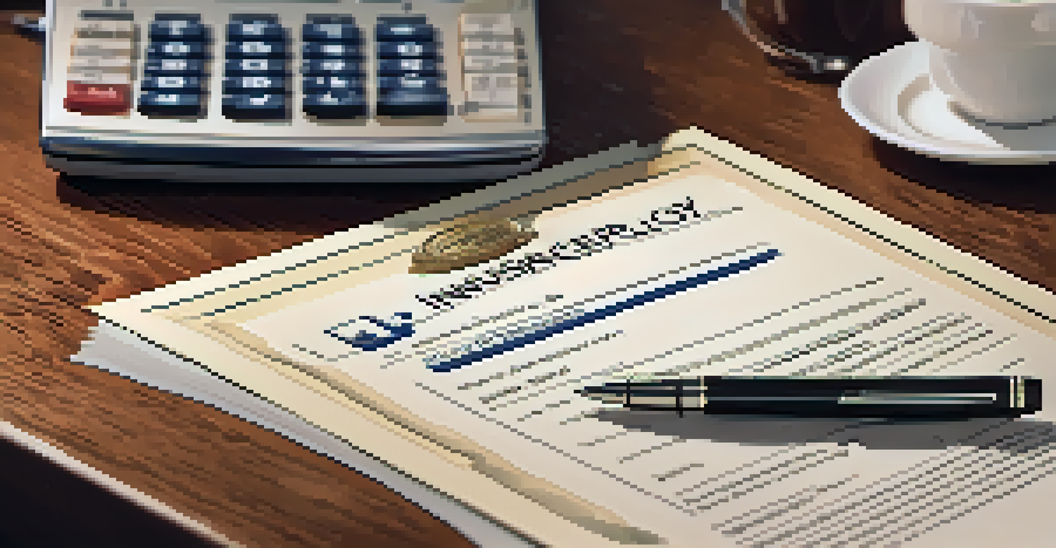 A close-up of a life insurance policy document on a desk, with a calculator, pen, and coffee cup, and a family photo in the background.