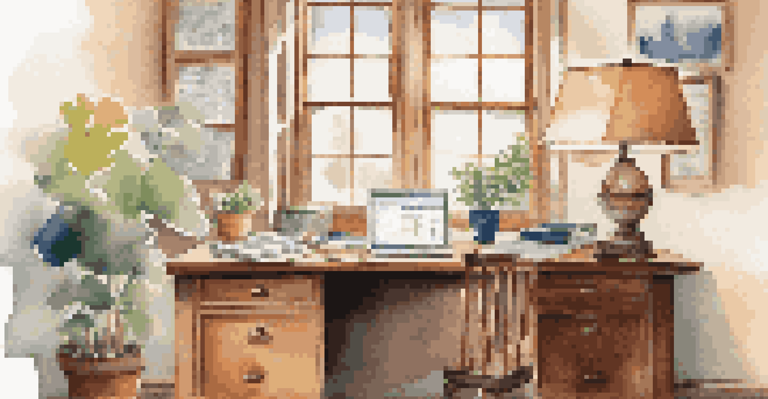 A cozy home office with a desk, laptop showing financial charts, and family photo, illuminated by natural light.
