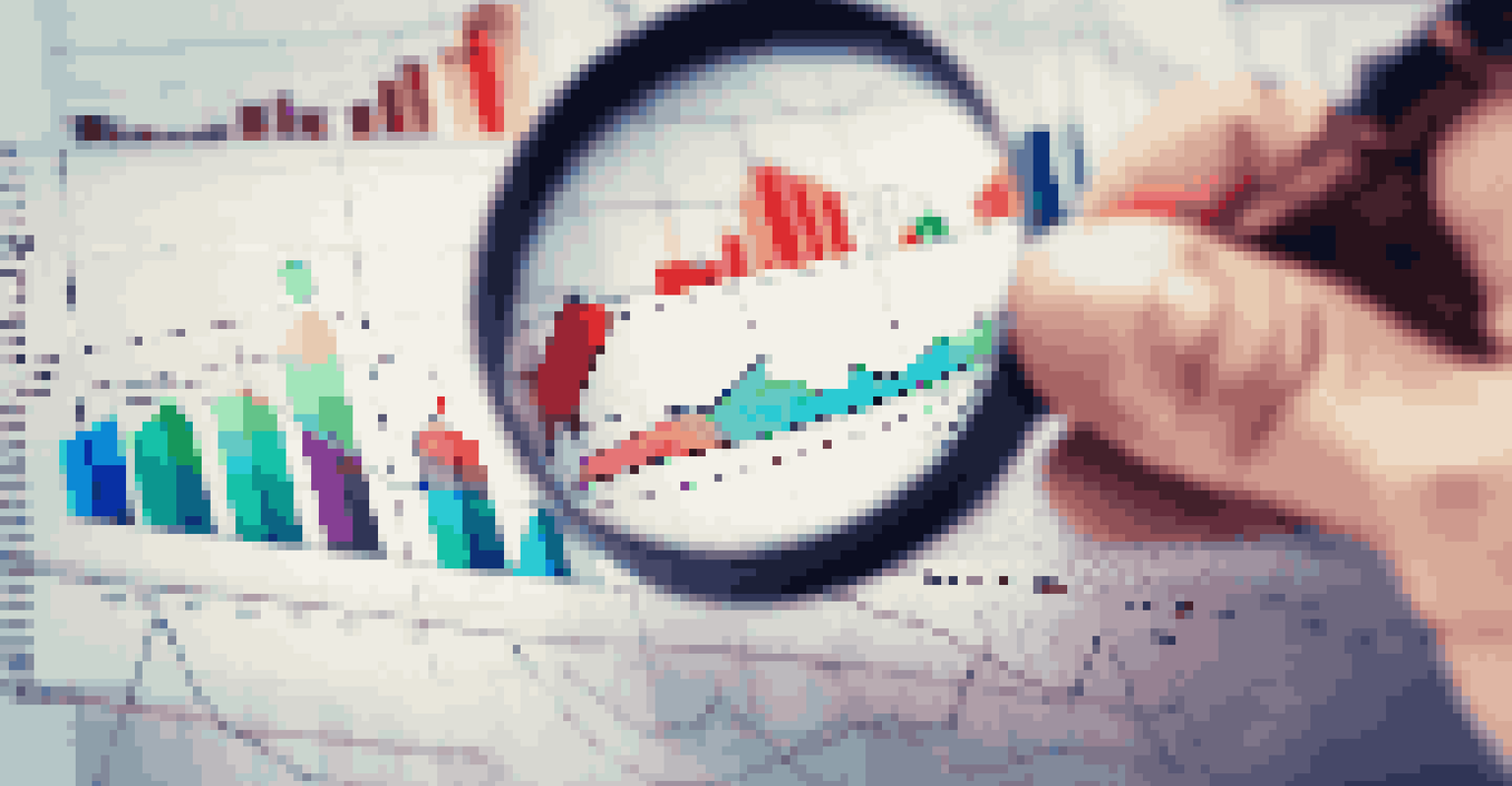 A close-up of a hand with a magnifying glass over a stock market chart, focusing on an upward trend.