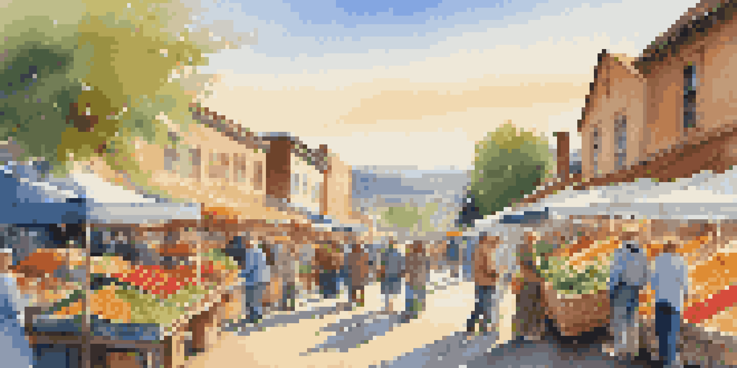A lively farmer's market at sunrise with colorful stalls and cheerful shoppers.