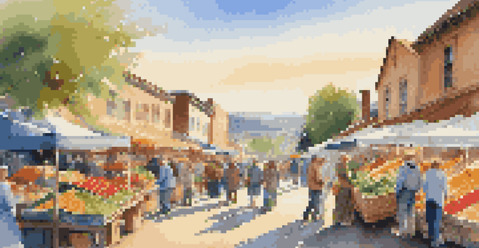 A lively farmer's market at sunrise with colorful stalls and cheerful shoppers.