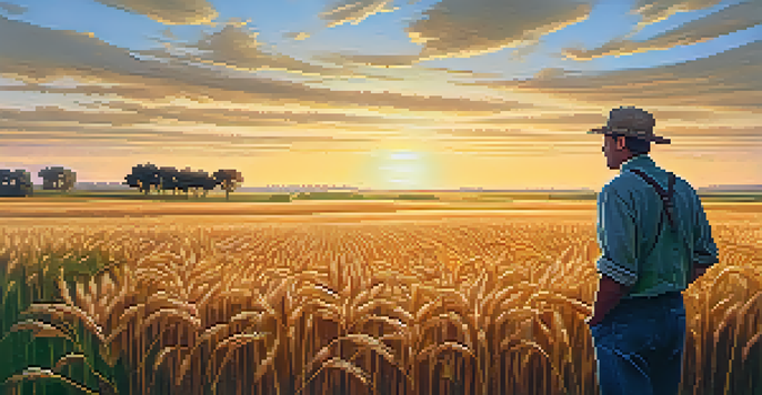 A farmer in a wheat field at sunset, holding a contract and looking towards the horizon.