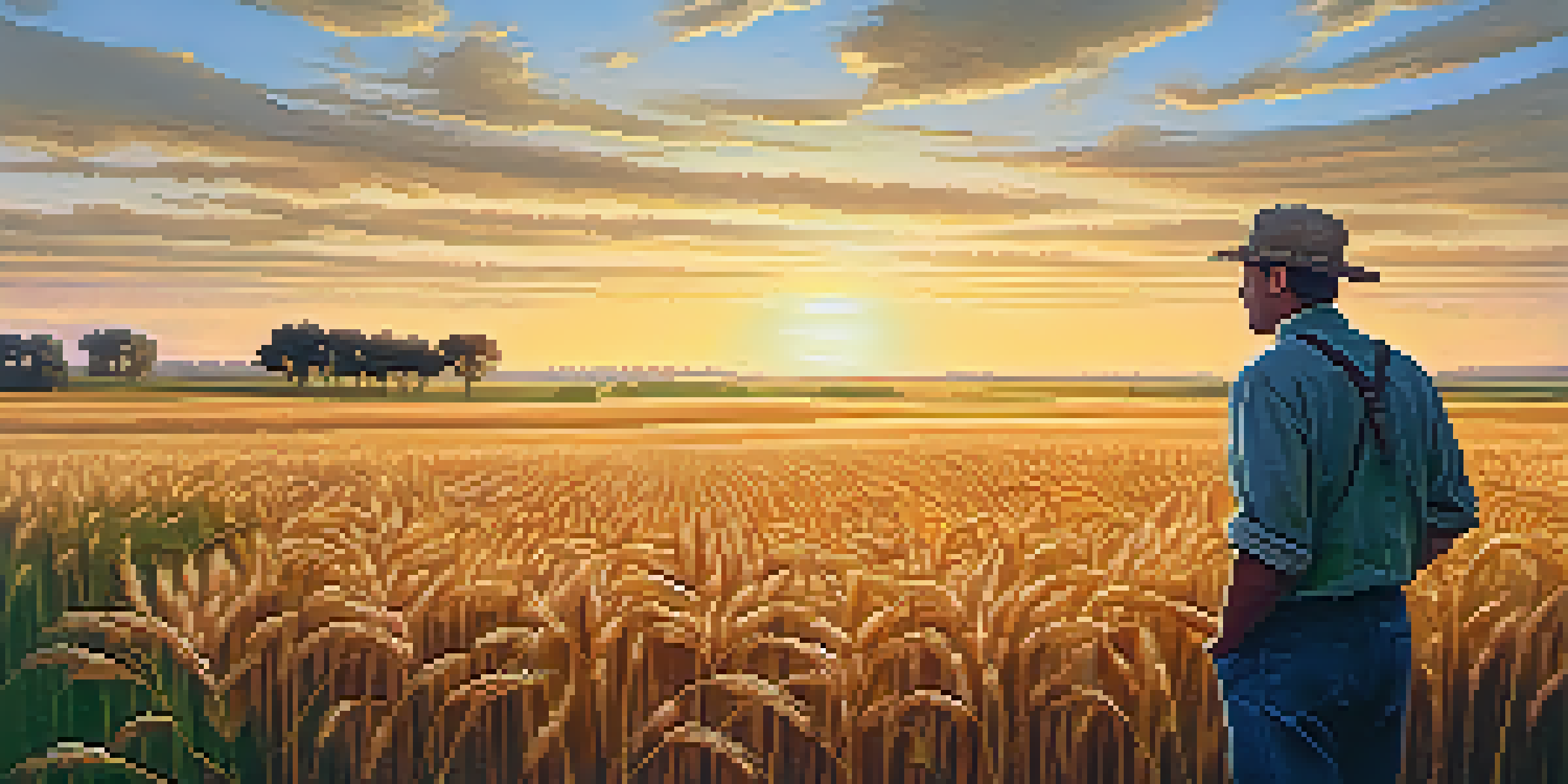 A farmer in a wheat field at sunset, holding a contract and looking towards the horizon.