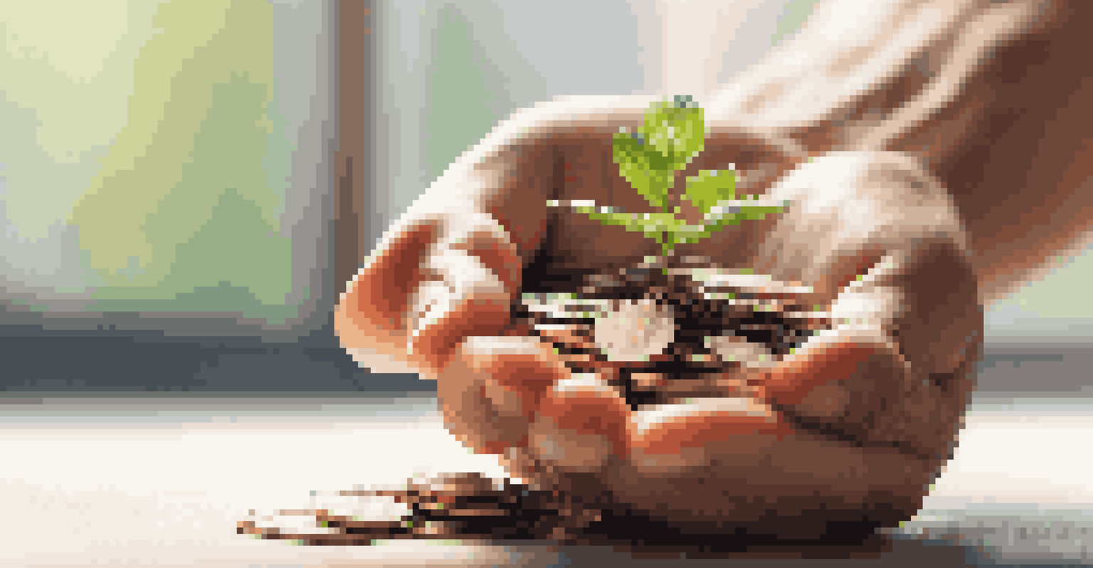A hand holding a green plant growing from a pile of coins, symbolizing sustainable investment and growth.