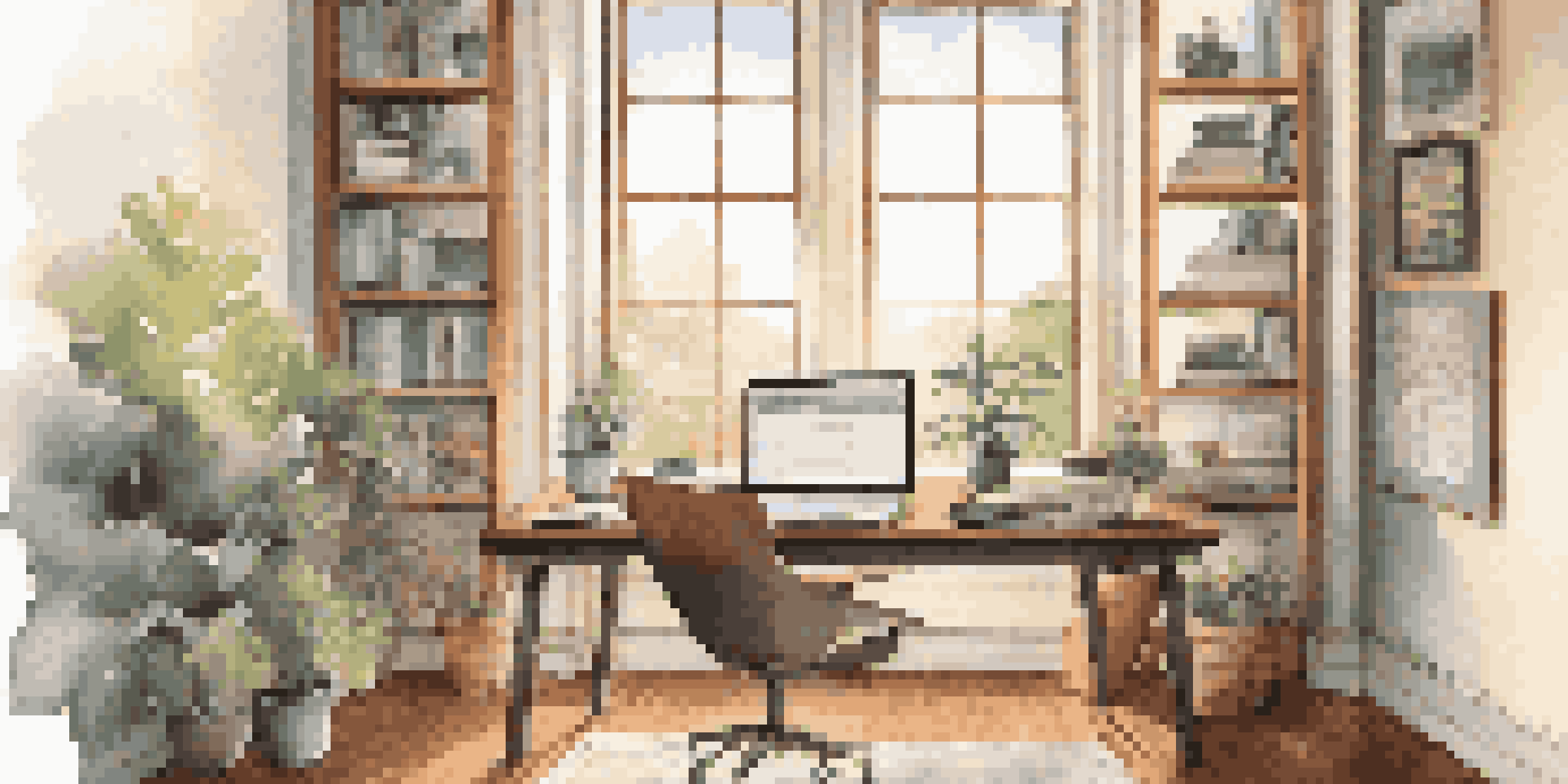 A bright and inviting home office with a modern desk, laptop, books on stock market education, and a cup of coffee, bathed in natural light.