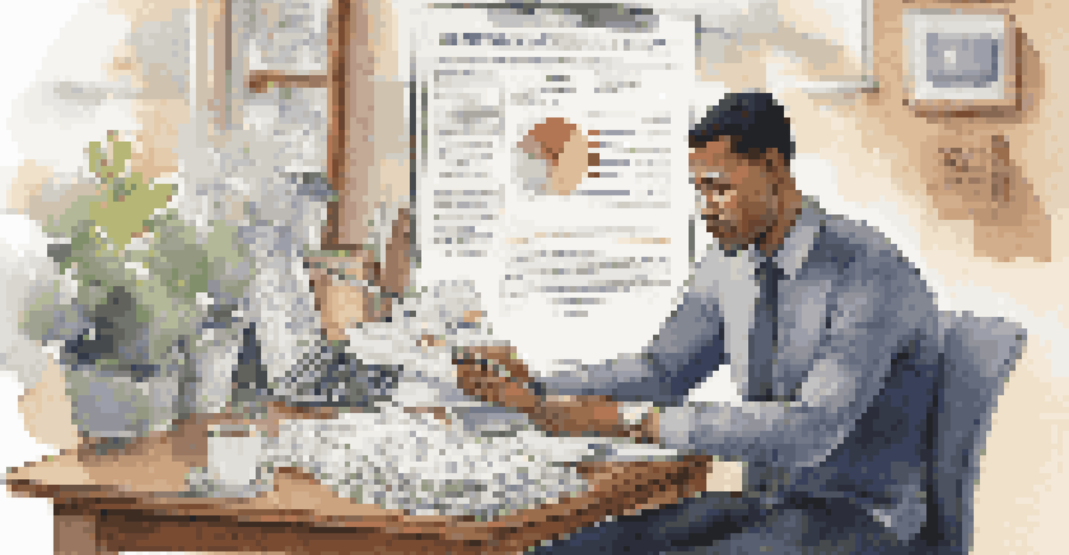 A person sitting at a table reviewing their credit report with documents and a laptop, in a bright room with motivational quotes on the wall.