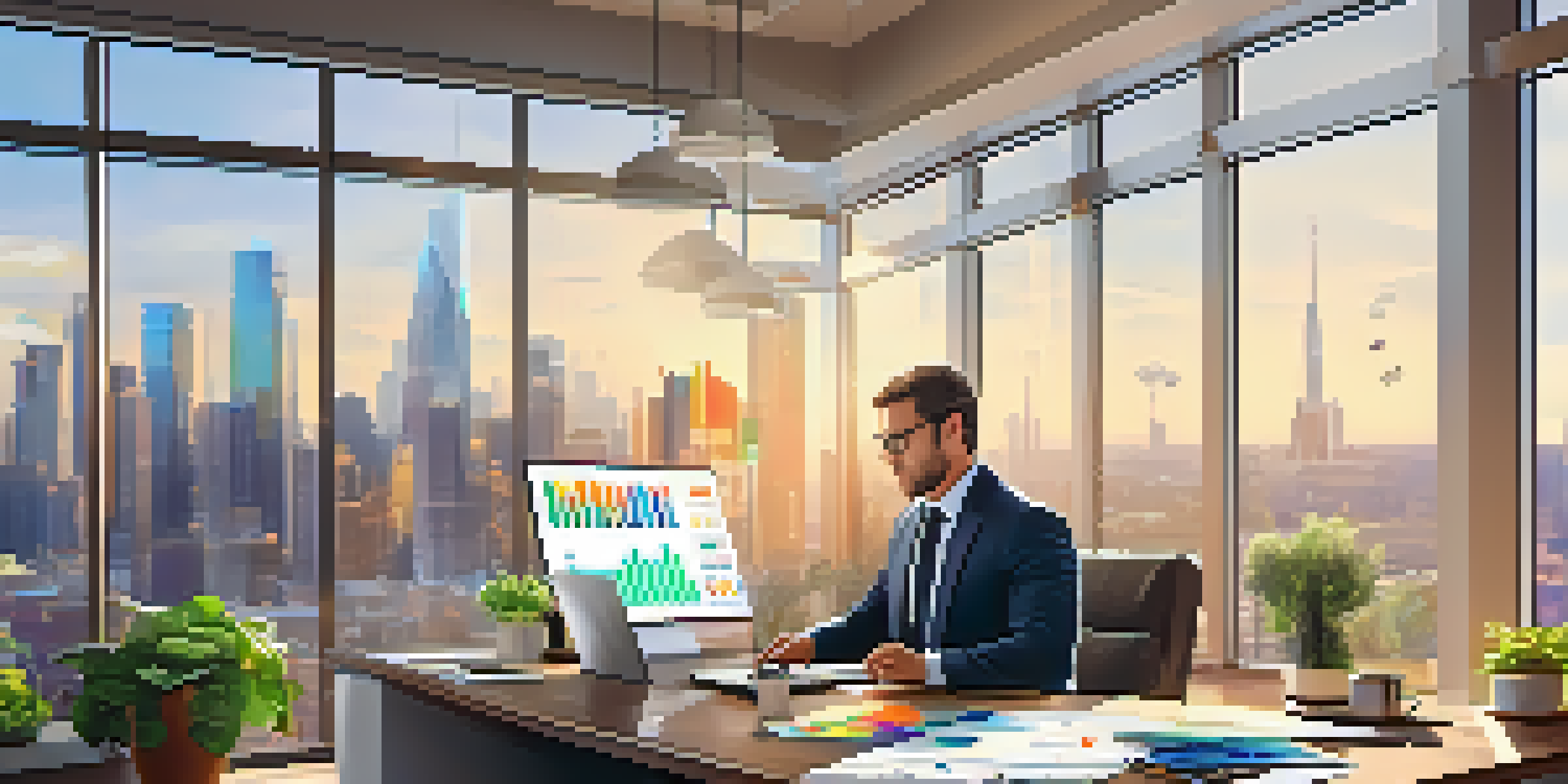 A financial advisor at a desk, working with financial charts on a laptop, surrounded by documents and plants, with a city skyline in the background.