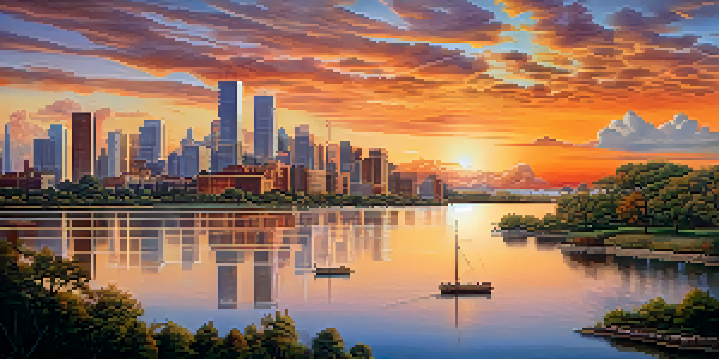 A serene landscape with a calm lake reflecting a sunset and a city skyline with graphs and charts overlaying the buildings.
