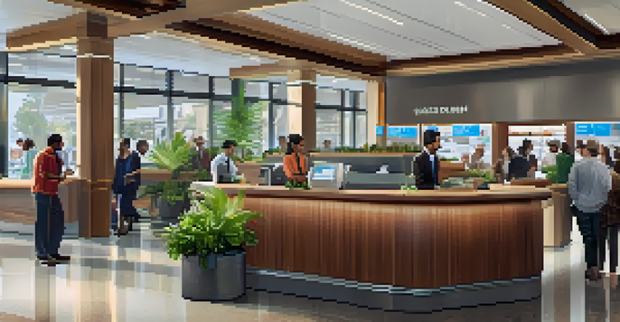 A vibrant bank interior with diverse customers and modern furnishings, illuminated by natural light.