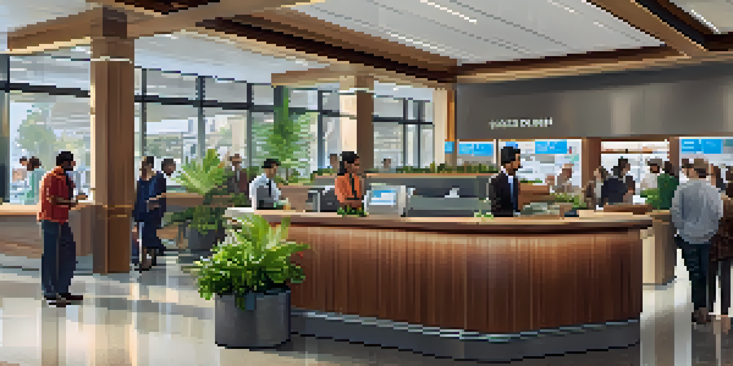 A vibrant bank interior with diverse customers and modern furnishings, illuminated by natural light.