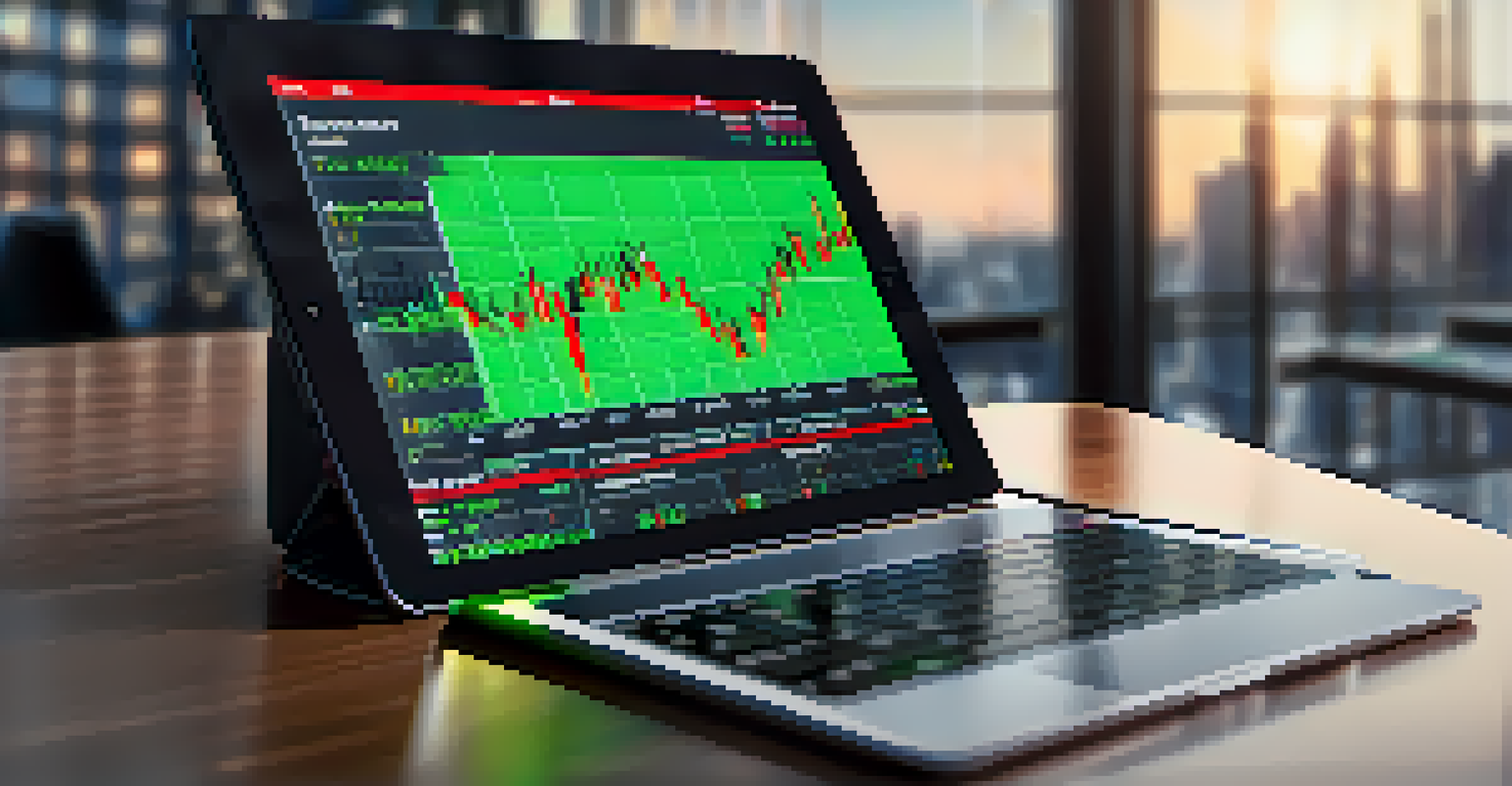 A close-up of a stock market chart on a tablet, showcasing candlestick patterns and a trend line.
