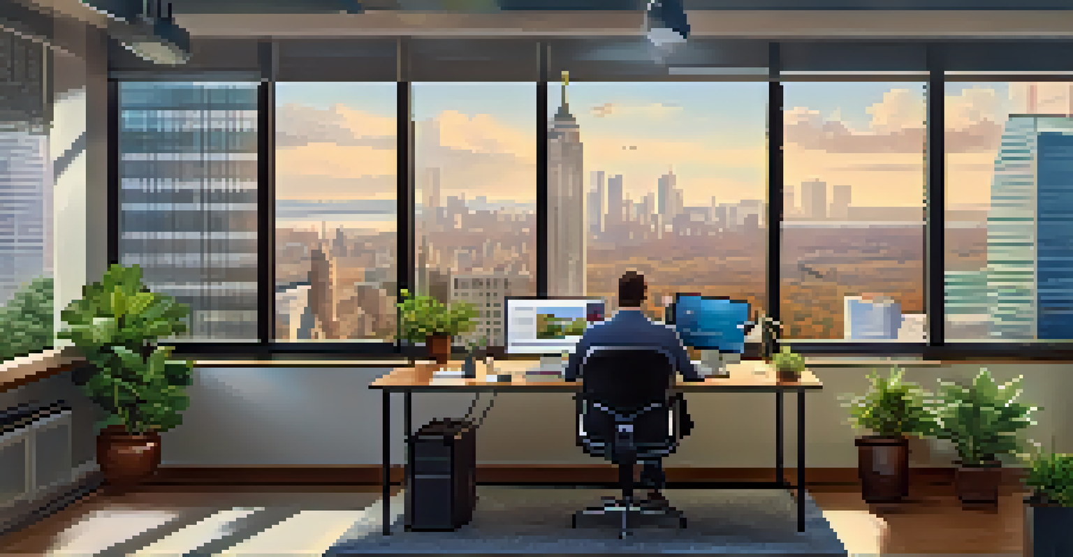 An employee reviewing stock options on a laptop in a bright office with a cityscape view.