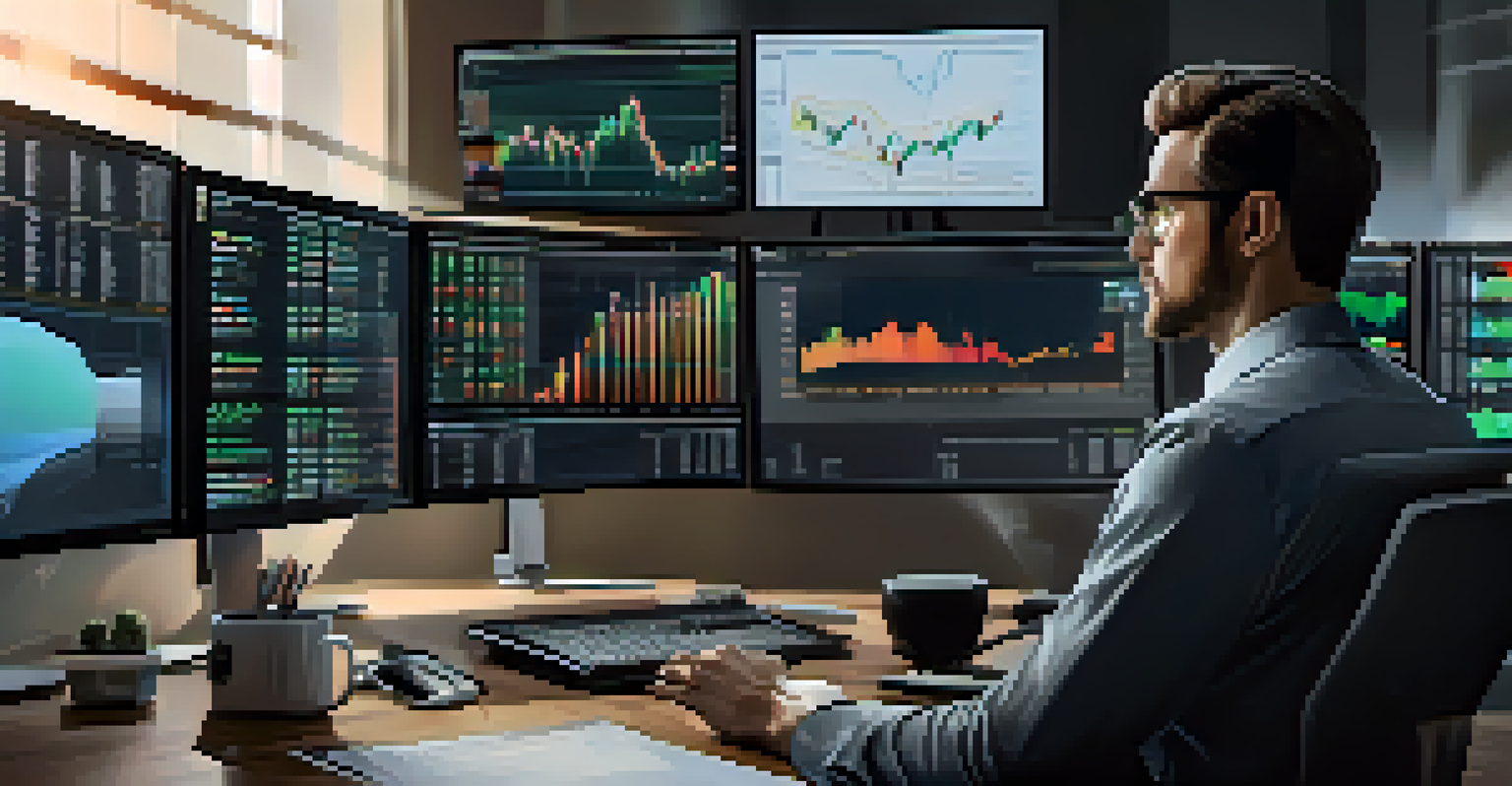 An analyst working at a desk with multiple monitors showing financial data and stock market trends.