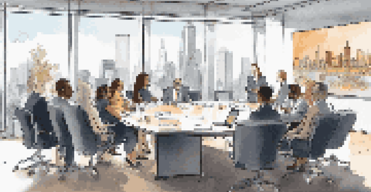 A diverse group of investors discussing hedge fund strategies in a bright conference room with city views.
