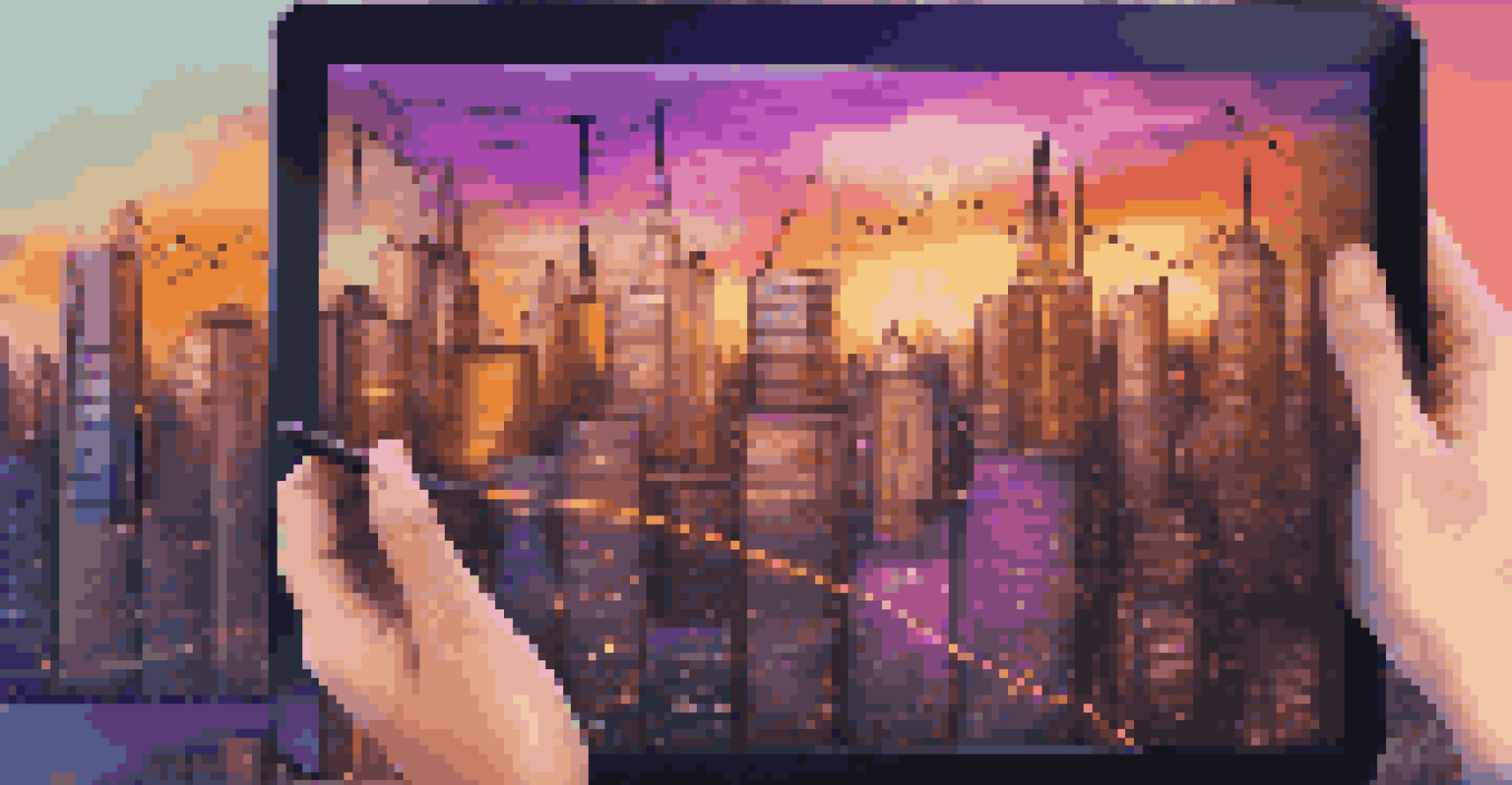 A digital tablet displaying a collage of technical indicators, held by a person in front of a sunset skyline.