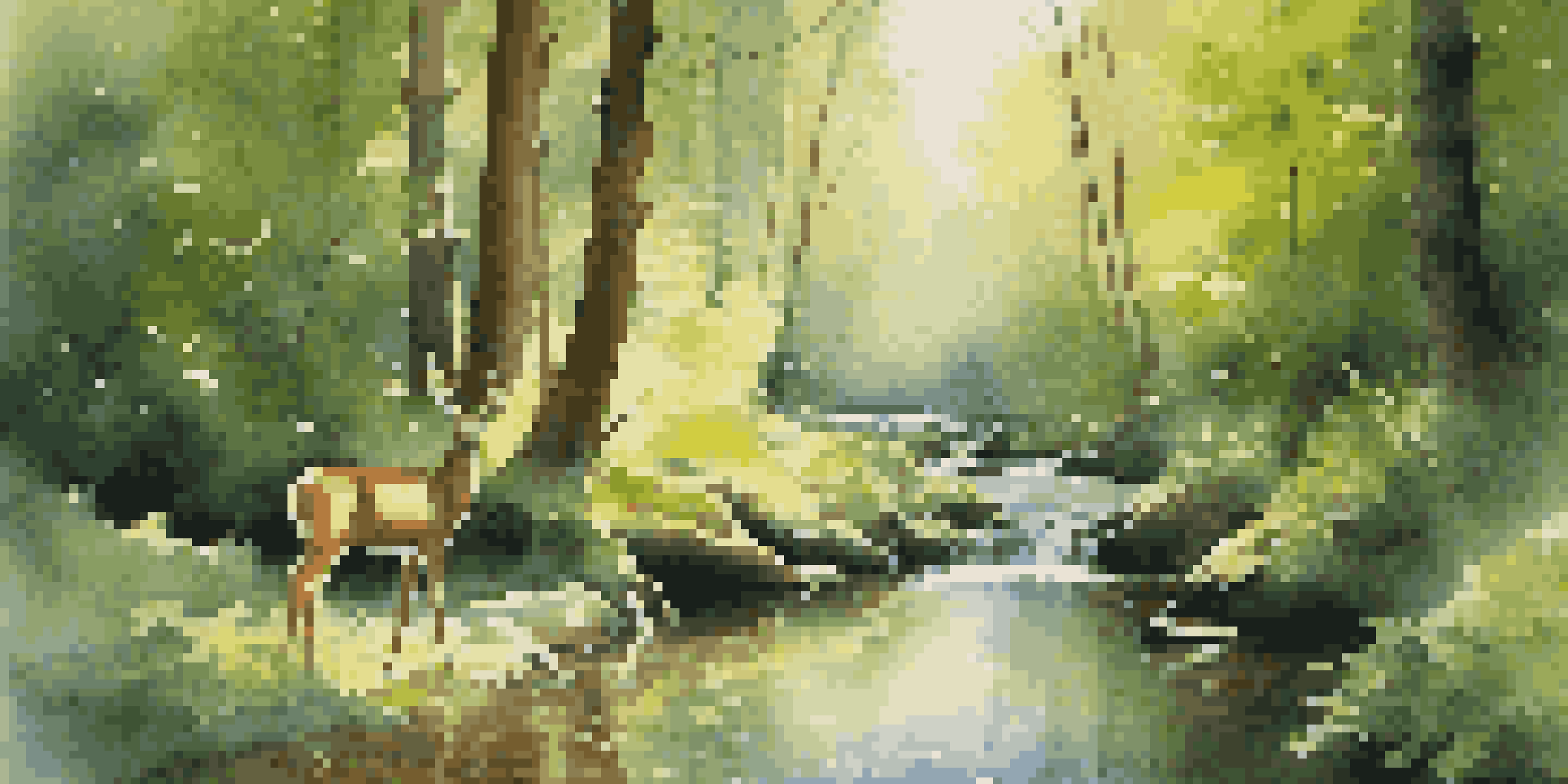 A peaceful forest scene with sunlight filtering through trees, a stream, and deer drinking water.