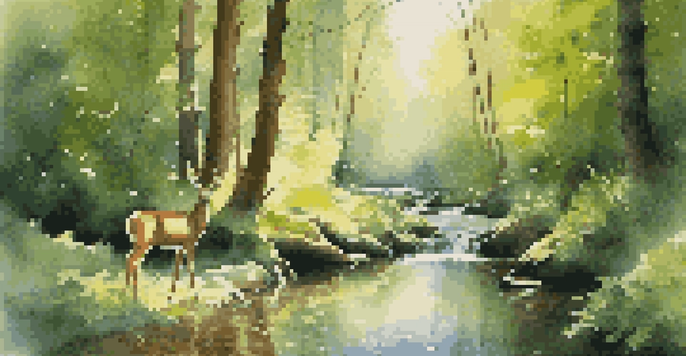 A peaceful forest scene with sunlight filtering through trees, a stream, and deer drinking water.