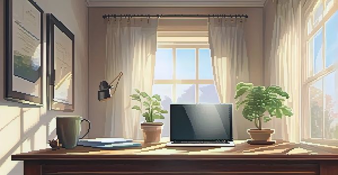 A cozy home office with a laptop, notepad, and coffee on a wooden desk illuminated by soft morning light.