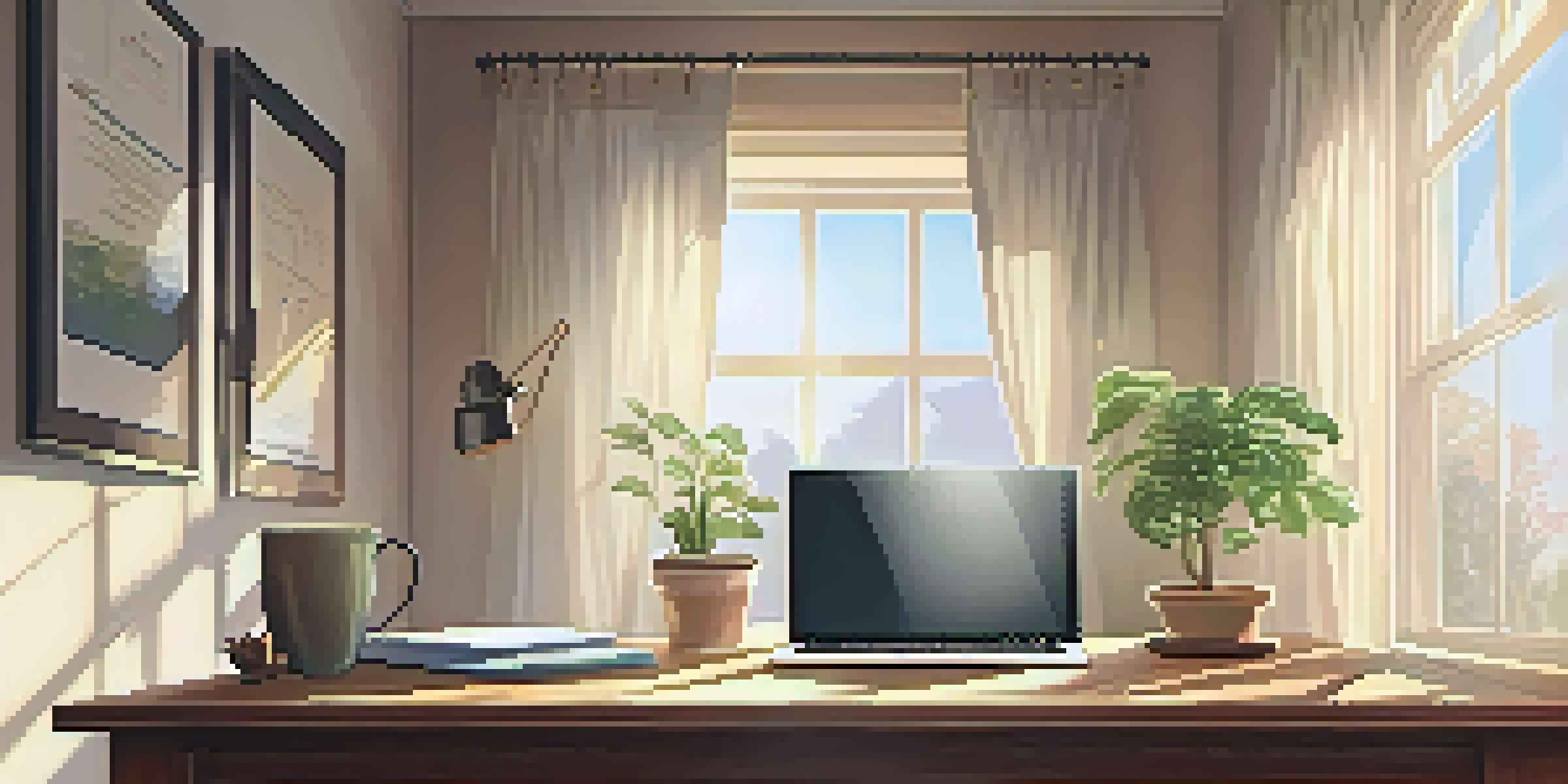 A cozy home office with a laptop, notepad, and coffee on a wooden desk illuminated by soft morning light.