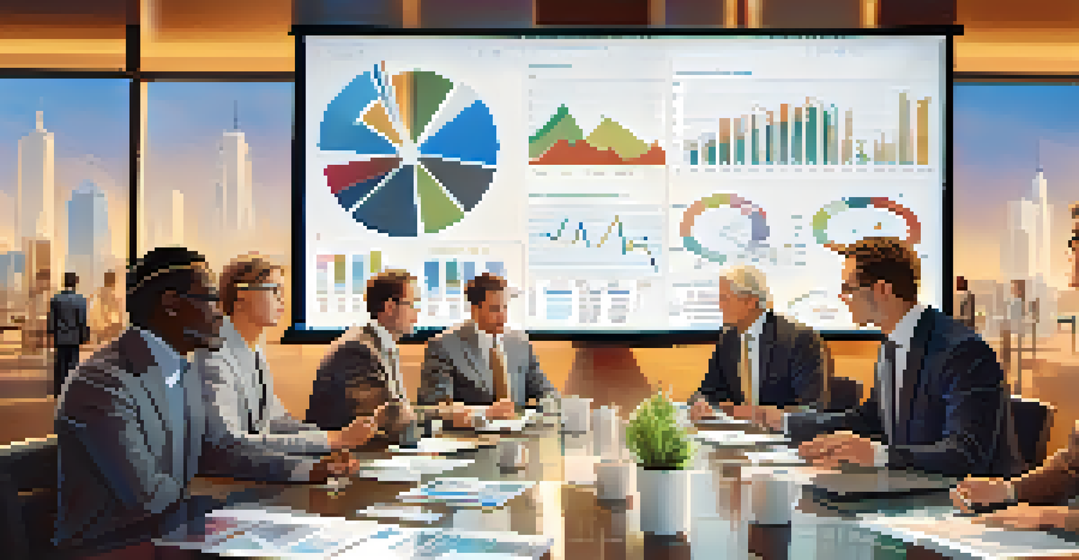 A diverse team of professionals in a conference room discussing investments, with charts and documents on the table and a screen showing market trends.