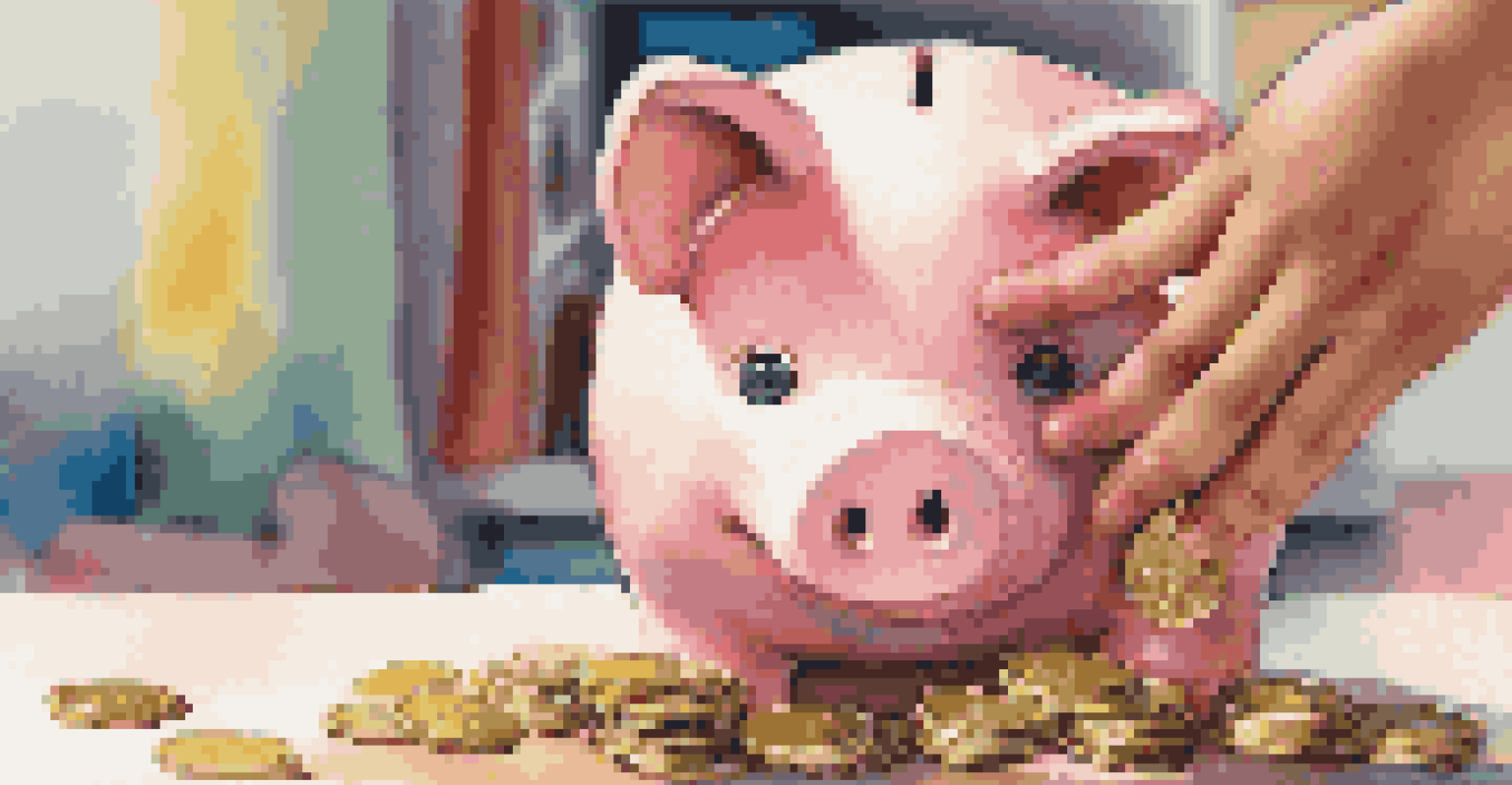 A child's hands holding a piggy bank with coins, showcasing their focus on saving money.