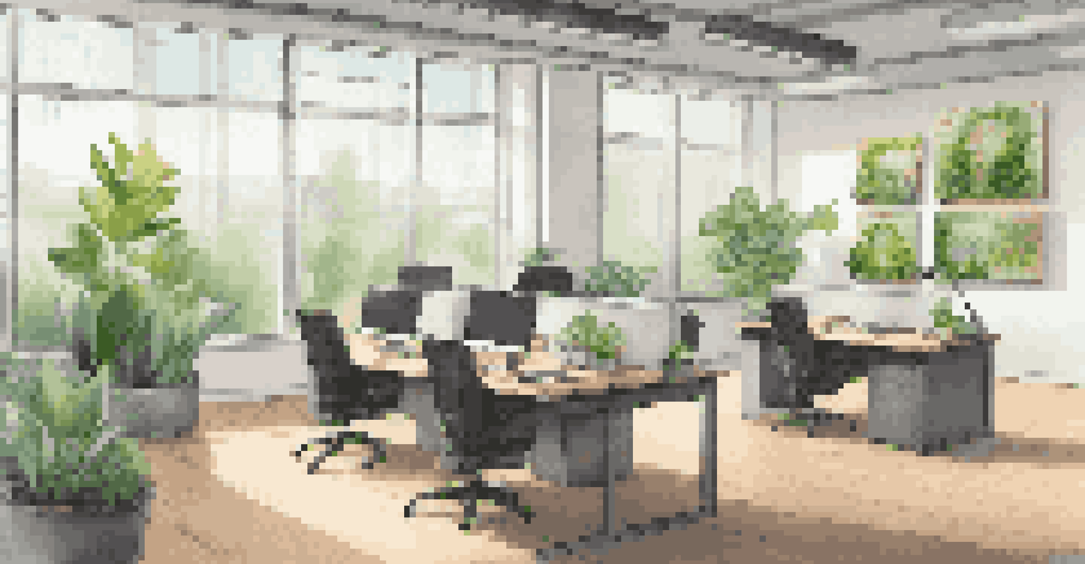 A modern office interior filled with natural light, plants, and eco-friendly materials, promoting sustainability.