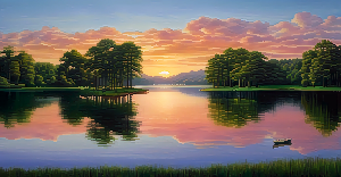 A peaceful lake scene surrounded by green trees with a colorful sunset, representing diverse investments.