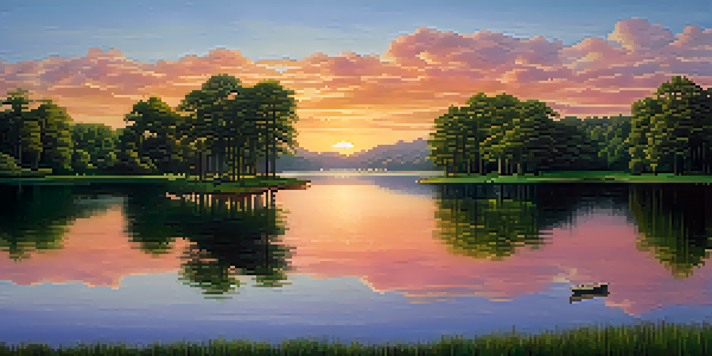 A peaceful lake scene surrounded by green trees with a colorful sunset, representing diverse investments.