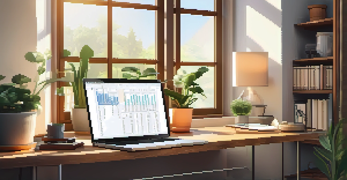 A cozy home office with a wooden desk and a laptop displaying a budgeting spreadsheet, illuminated by warm sunlight.