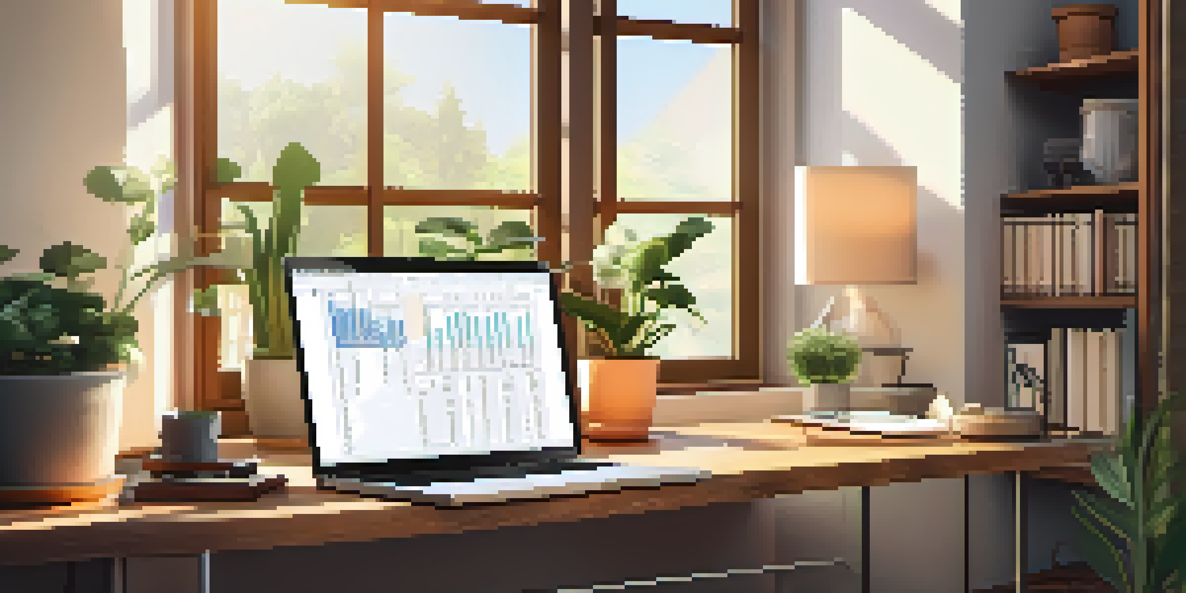 A cozy home office with a wooden desk and a laptop displaying a budgeting spreadsheet, illuminated by warm sunlight.