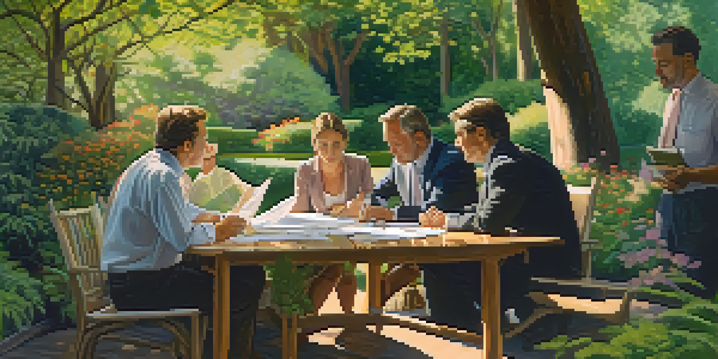 A diverse group of investors discussing financial documents at a wooden table in a lush garden under soft sunlight.