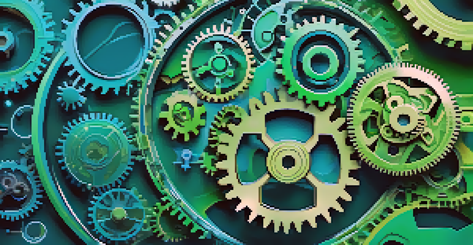 An artistic illustration of interconnected gears symbolizing various tech sectors like AI and renewable energy.