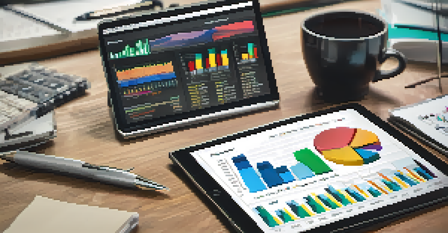 A close-up of a tablet displaying a diversified investment portfolio with colorful charts on a wooden desk.