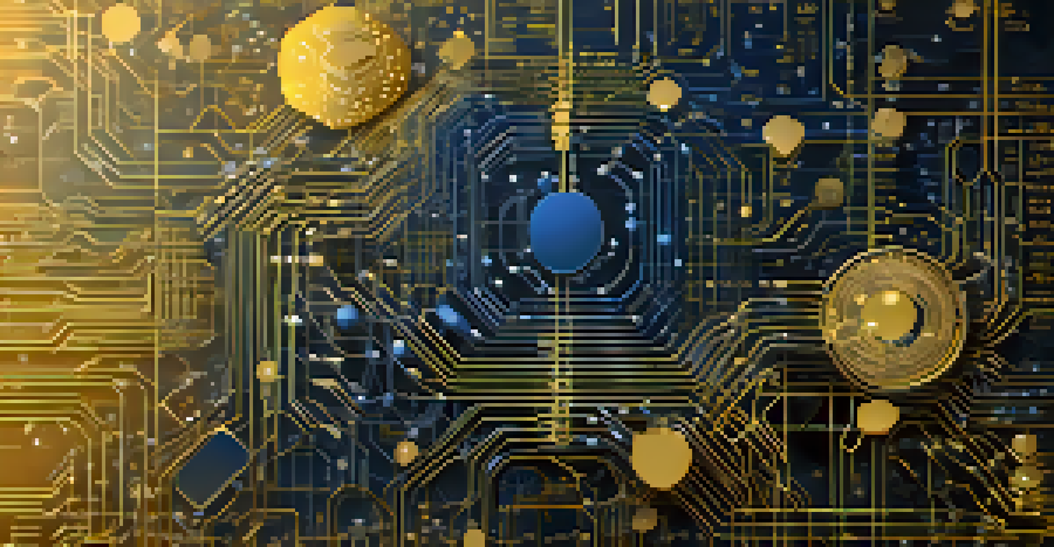 An abstract visualization of AI in finance with neural networks and financial symbols against a blue and gold background.