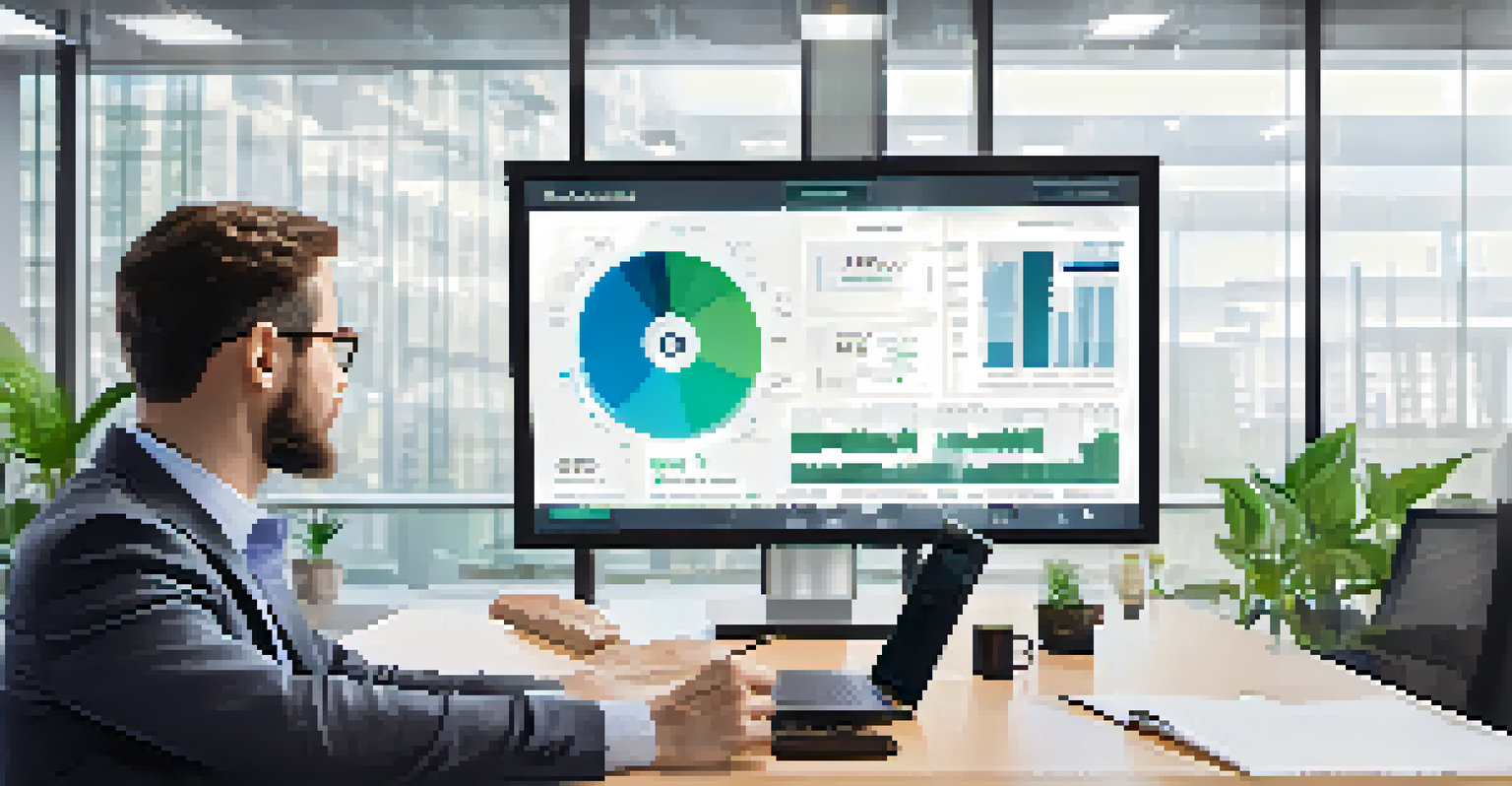 An investor looking at a digital screen with ESG metrics in a modern office environment.