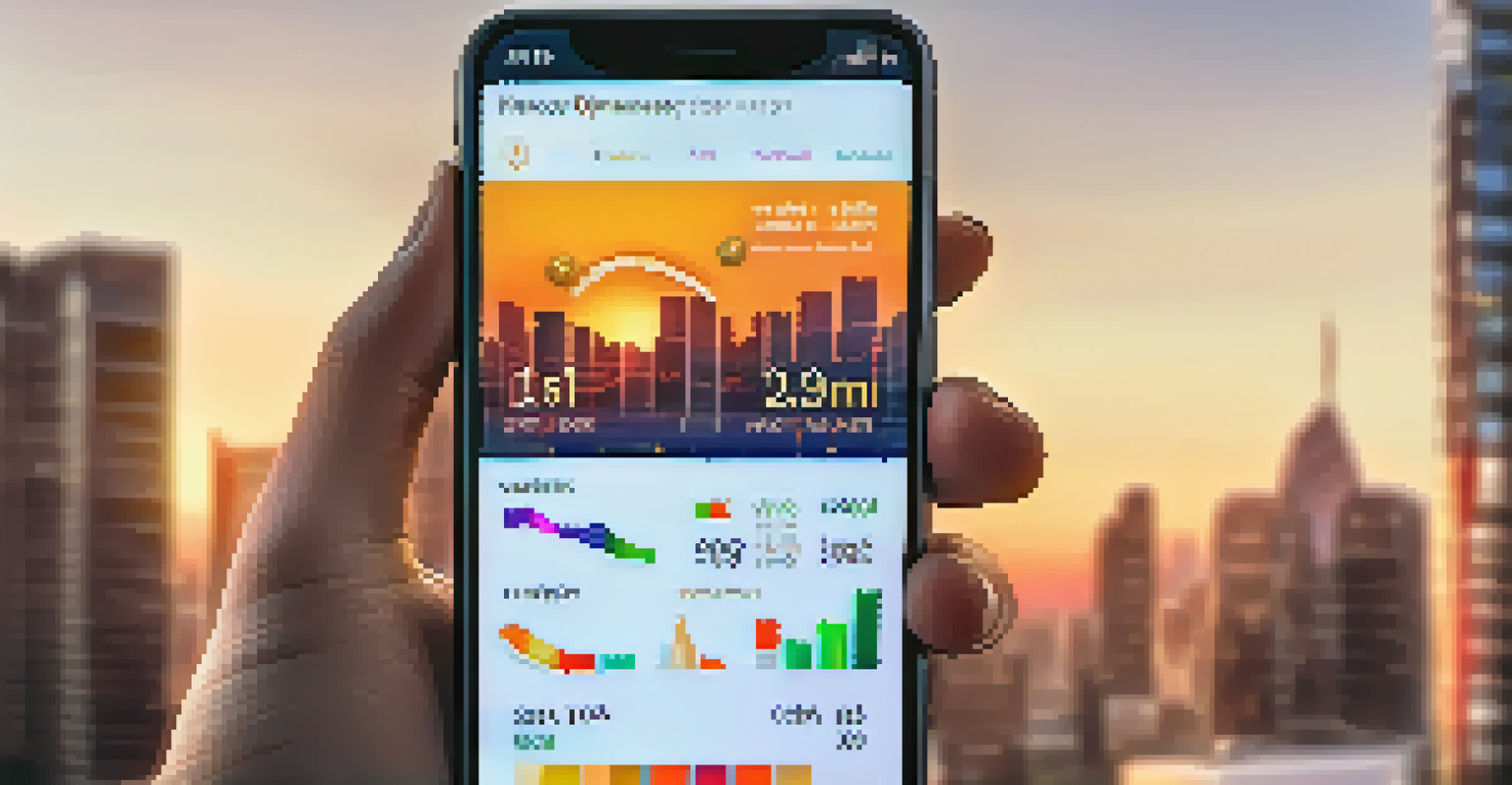 A hand holding a smartphone with stock market data displayed, set against a blurred urban sunset background.