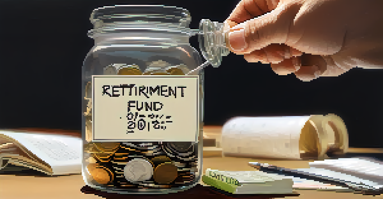 A hand putting a coin into a jar labeled 'Retirement Fund' surrounded by financial documents.