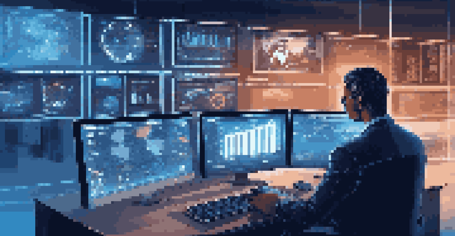 A cybersecurity expert monitoring financial data on screens in a dimly lit, high-tech environment with blue lighting.