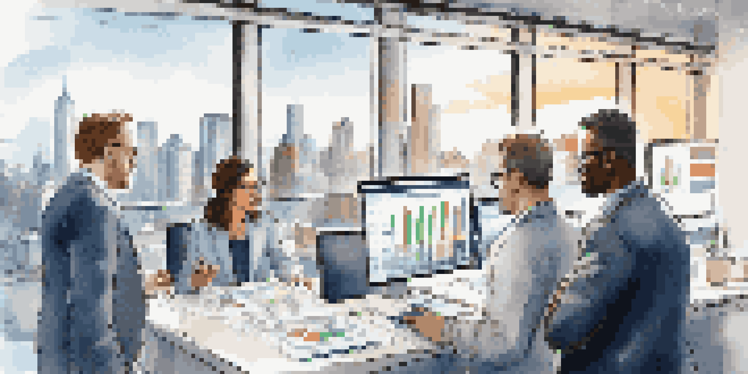 A diverse group of investors analyzing data and charts in a bright office with a city view.