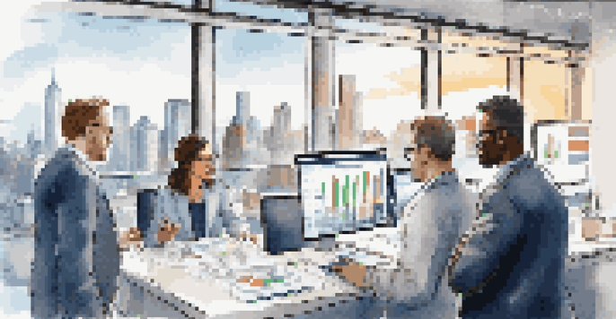 A diverse group of investors analyzing data and charts in a bright office with a city view.