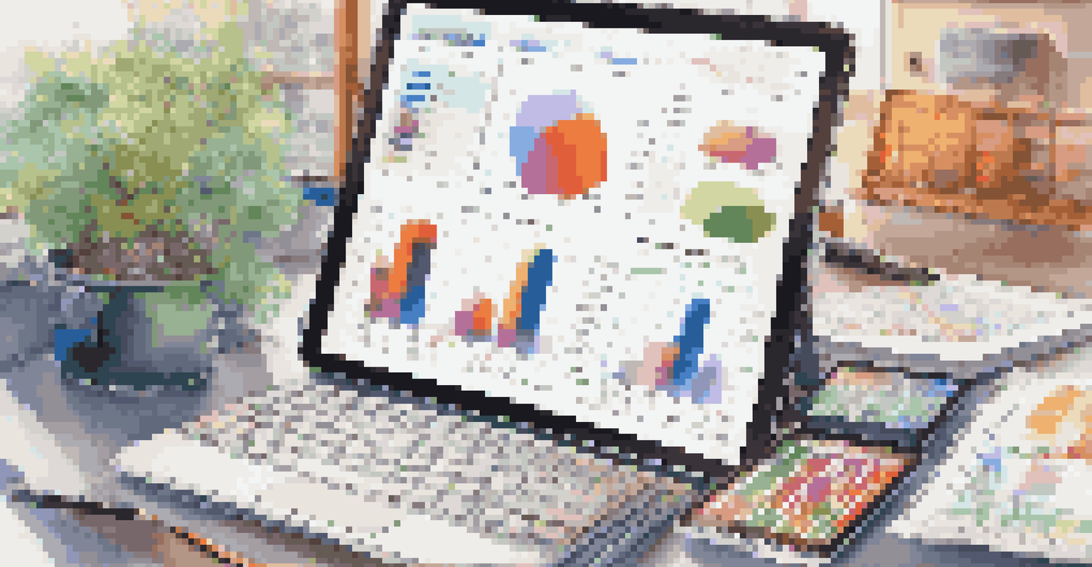 A table displaying an investment portfolio with colorful charts, stock tickers, and a tablet showing real estate listings in a bright modern setting.
