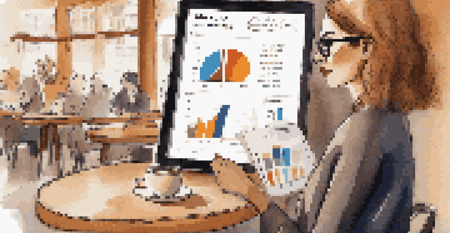 A woman examines mutual fund performance on a tablet at a café, with graphs and statistics visible on the screen.