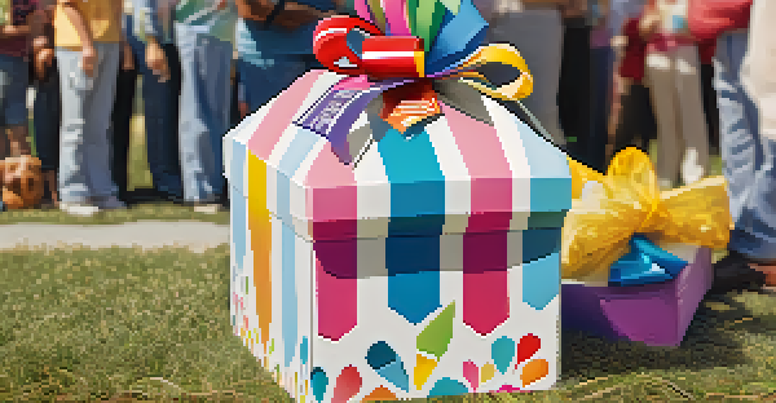 A close-up of a donation box filled with clothes and toys at a community event, with volunteers in the background.